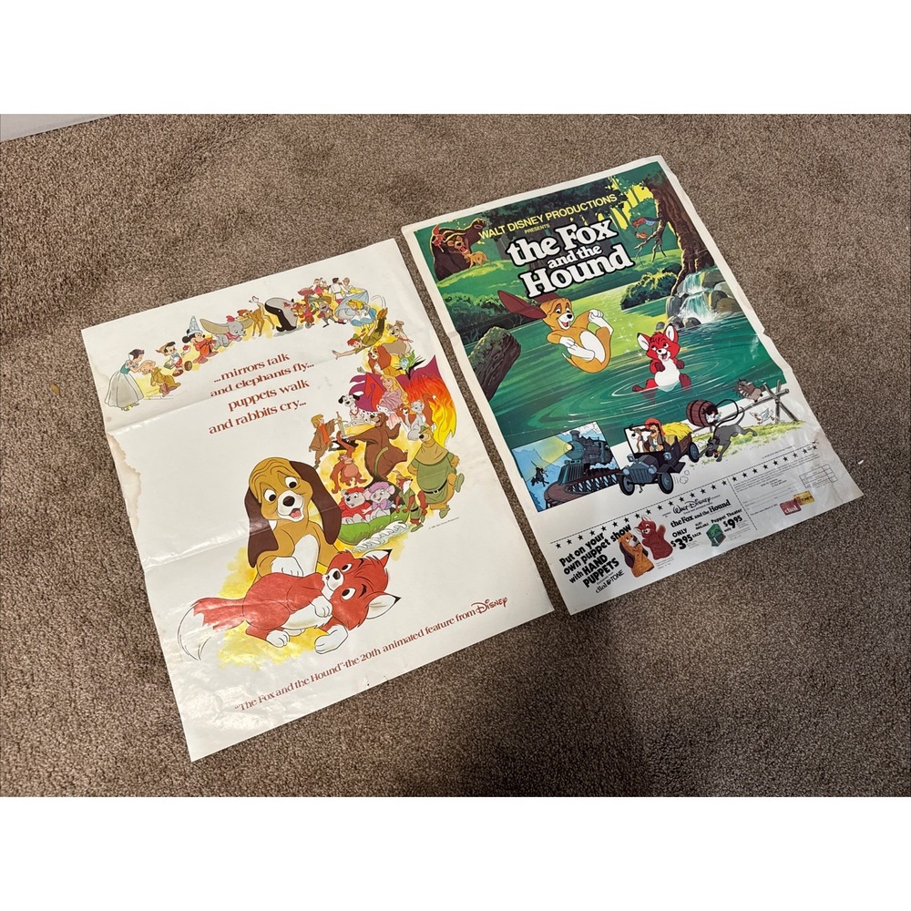 Lot 2 Vintage 1981 The Fox And The Hound Posters 22 x 17 Walt Disney Dial Promo
